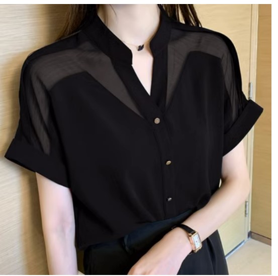 แฟชั่น เสื้อใส่ทำงาน สาวออฟฟิต เสื้อเชิ้ต แขนสั้น แบบซีทรู เล็ก ๆ เสื้อเชิ้ตคอปก แขนสั้น สีน้ำเงิน สีขาว 236384