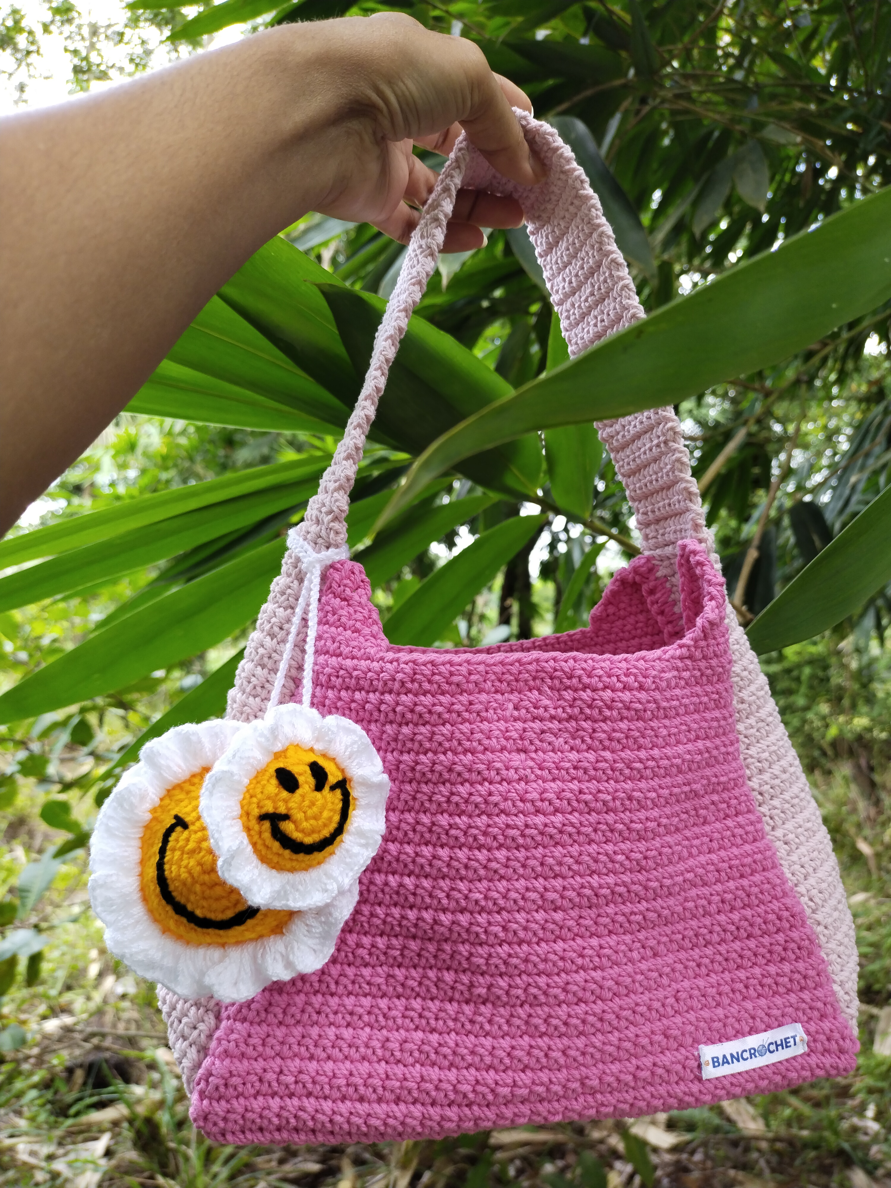 Bancrochet กระเป๋าถักโครเชต์ crochet bag ชมพู 8*5.5 สาย 7 inch