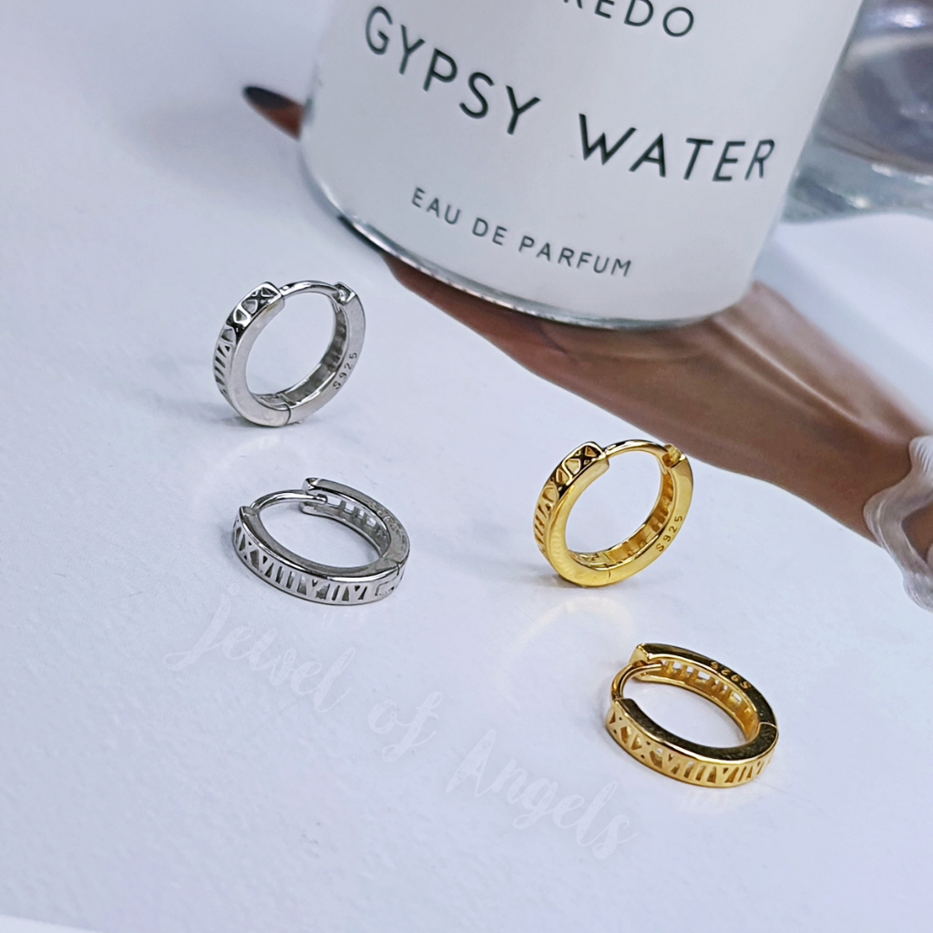 ต่างหูเงินแท้ S925 ต่างหูห่วง รุ่น Roma สีทอง สีเงิน ฉลุลายเลขโรมัน silver925