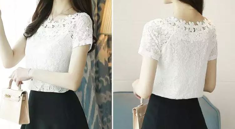 เสื้อผ้าลูกไม้ วัยรุ่น สีดำ สีขาว แขนสั้น แบบเรียบ คอกว้าง ใส่ทำงาน เที่ยว ออกงาน แบบเก๋ ๆ เสื้อลูกไม้ ใส่ออกงาน 464337