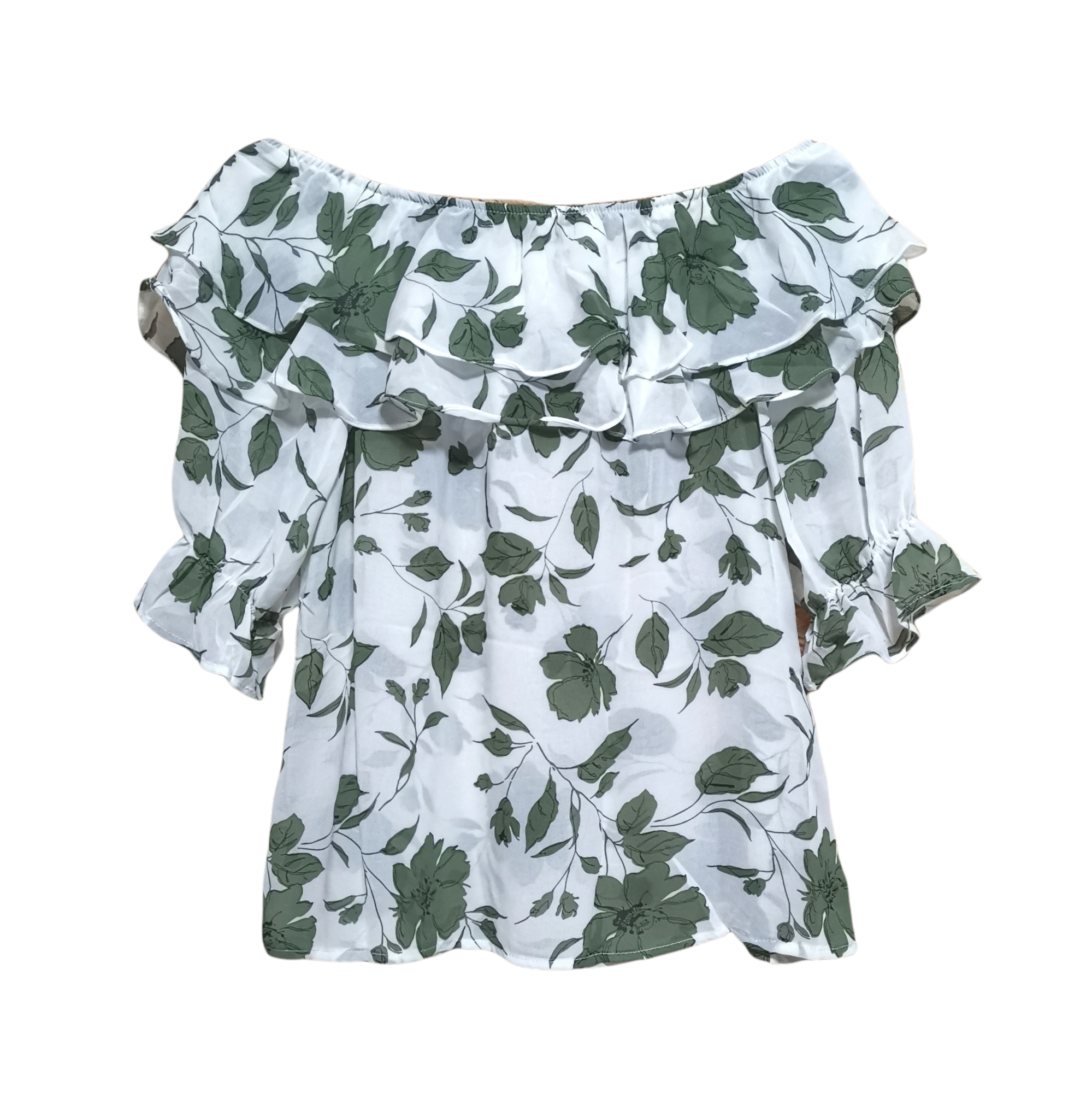 🌷 Blouse3784 เสื้อเปิดไหล่ลายดอกไม้ ดีเทลสม็อครอบบ่าแต่งระบายสุดน่ารัก แขนตุ๊กตาฟูเบาๆ เพิ่มความหวานแบบลูกคุณ