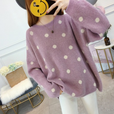 Sweater เสื้อสเวทเตอร์ไหมพรม สีชมพู แขนยาวลายจุด พร้อมส่ง