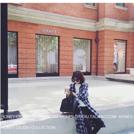 เสื้อคลุมลายสก๊อต ตัวยาว เกาหลีฝุดๆ พร้อมส่ง สีกรม