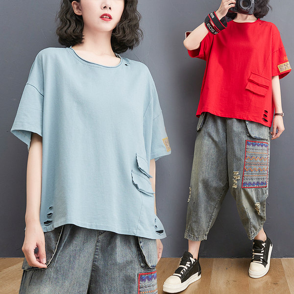 เสื้อยืดคนอ้วน สไตล์ญี่ปุ่น เสื้อยืดคนอ้วนผู้หญิง เสื้อทีเชิ้ตตัวใหญ่