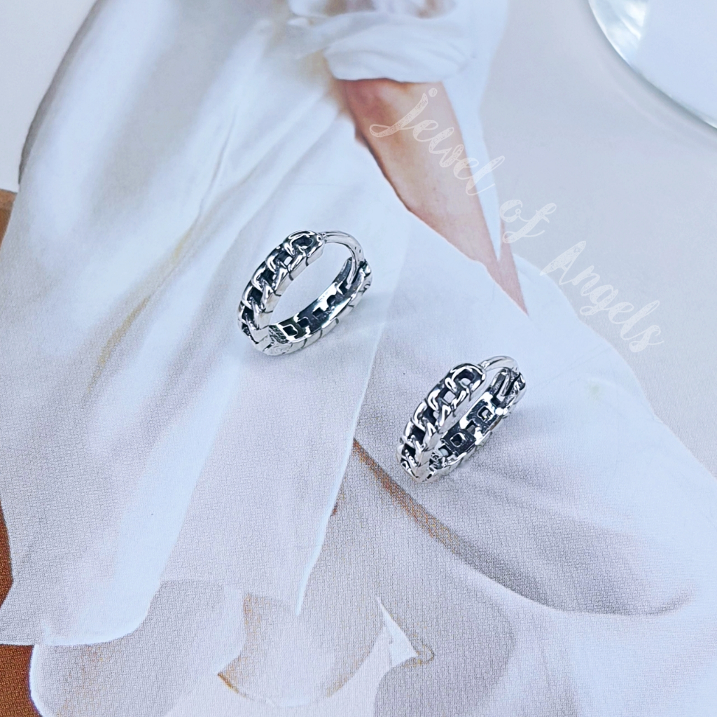 ต่างหูเงินแท้ S925 รุ่น Blithe ต่างหูห่วงเชือกวินเทจสีเงินรมดำ สูง11mm เงินแท้ทั้งชิ้น Silver925 ต่างหูผู้ชาย