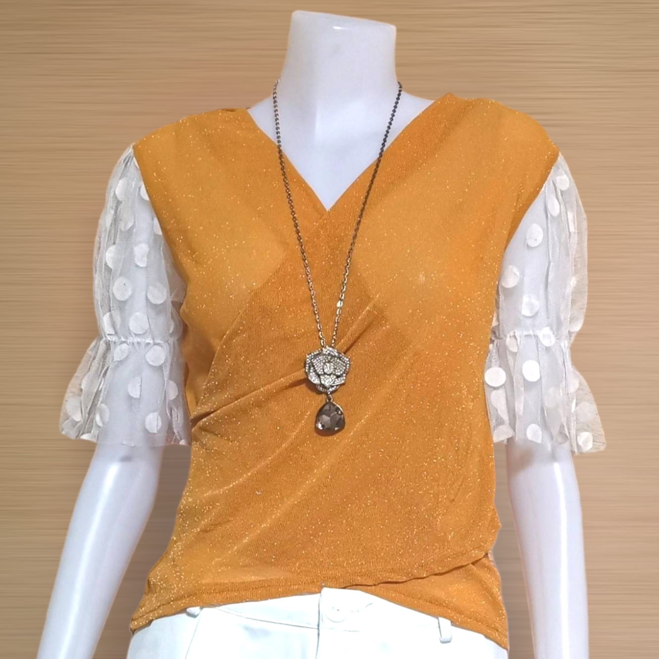Blouse4010 เสื้อแฟชั่นคอวีป้ายผ้ายืดวิ้ง ต่อแขนผ้ามุ้งลายจุด งานดีสวยหรูดูแพง แมทช์กับอะไรก็เข้า มี 3 สี ดำ, เหลือง, น้ำตาล