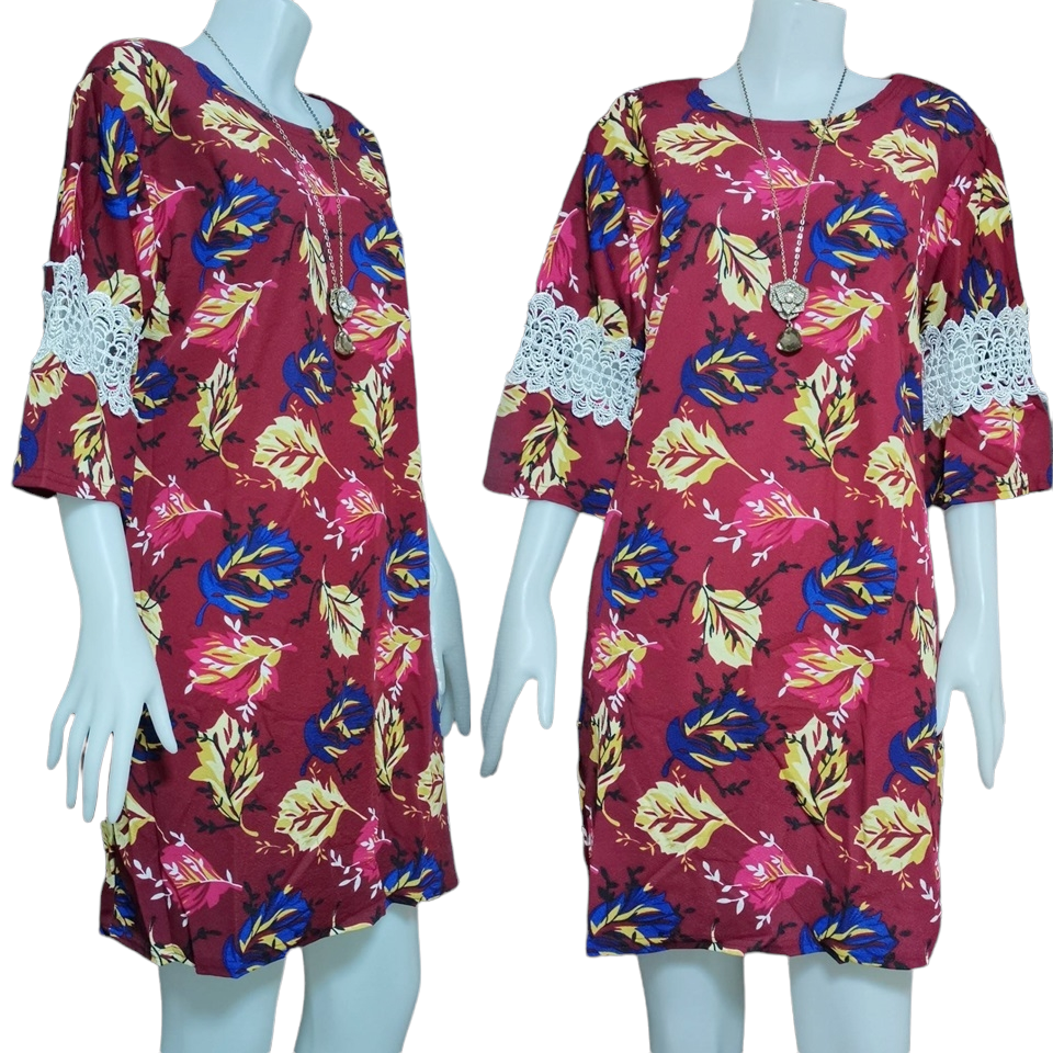 Dress4387 เดรสไซส์ใหญ่ทรงปล่อยลายดอกไม้ แขนสามส่วนระบายแต่งลูกไม้ ผ้าวูลเวฟ(ผ้าหนังไก่)เนื้อดีหนานิ่มมีน้ำหนักยืดขยายได้เยอะใส่สบายสุด งานดีทรงสวย ทรงนี้ใส่ได้เรื่อยๆ มี 5 สี แดง, ขาว, ชมพู, กรม, ดำ