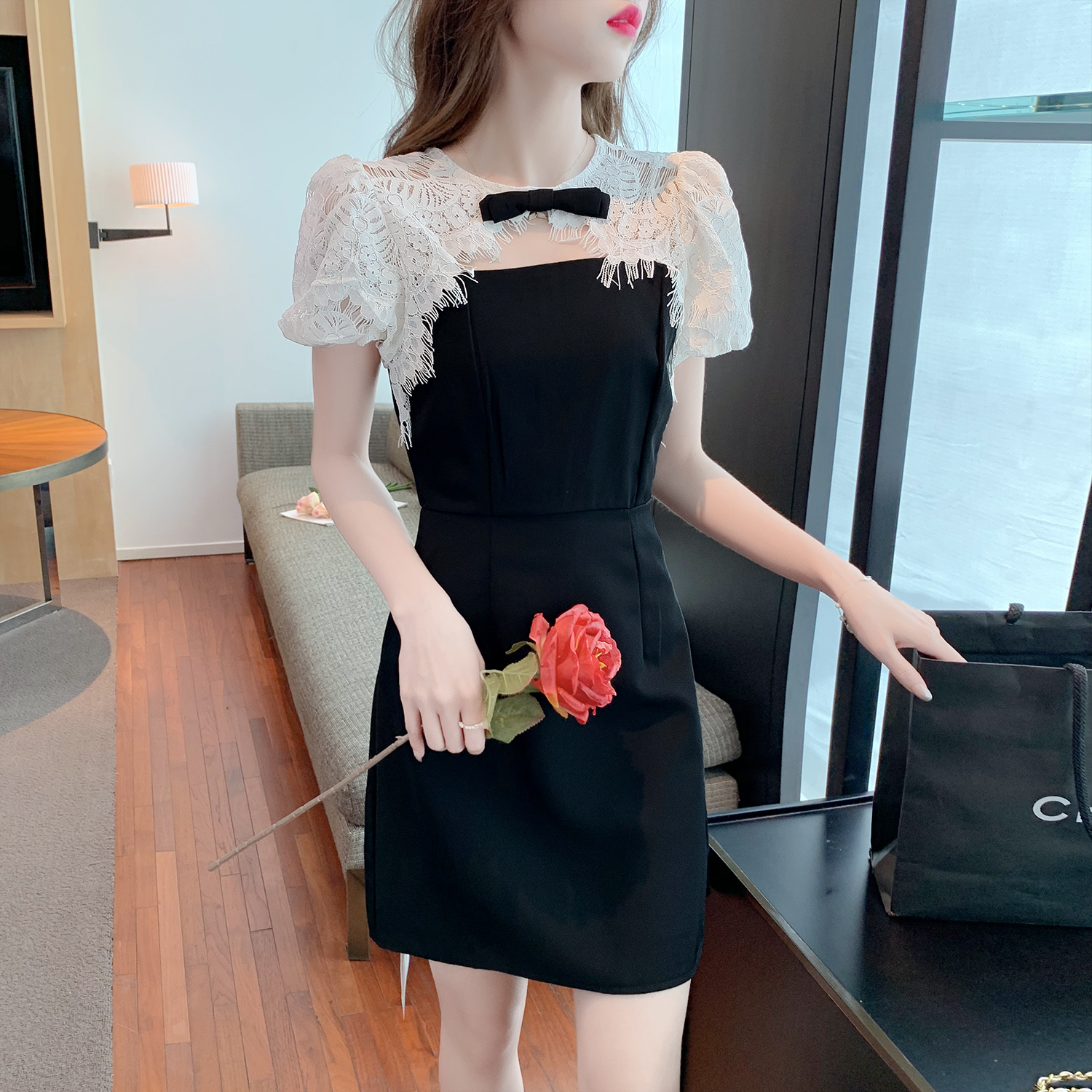 เดรสลูกไม้ เดรสชีฟองสวยๆ แขนสั้น By Meiyi women's clothing