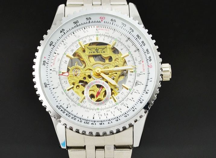 นาฬิกาข้อมือ Mechanical watch นาฬิกาโชว์กลไก นาฬิกาเปลือย สาย Stainless หน้าปัดขาว ตัวกลไกสีทอง ตัดกันอย่างลงตัว no 82069