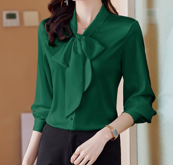 เสื้อเชิ้ต ใส่ทำงาน ผู้หญิง ผ้าไหมหม่อน นุ่ม ใส่สบาย เสื้อเชิ้ต แขนยาว สไตล์ ผูกโบว์ที่คอ สีขาว 643448