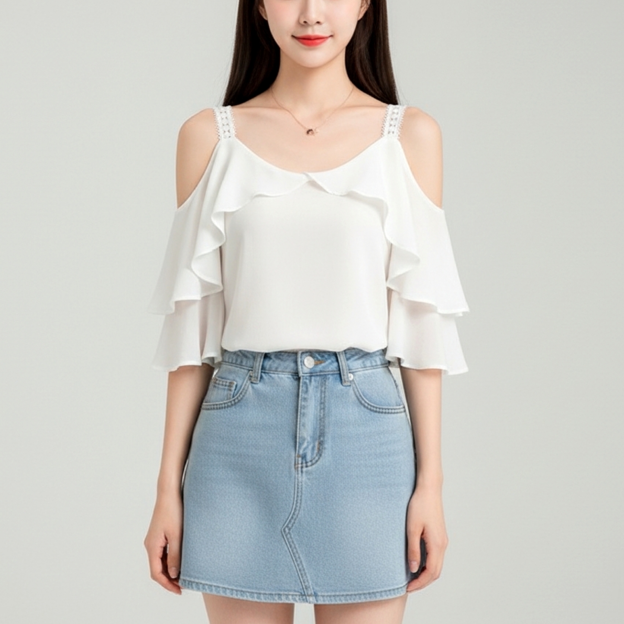 Blouse3714 เสื้อเว้าไหล่แขนระบายสีขาวครีมละมุน สายบ่าลูกไม้ อกแต่งระบาย ผ้าชีฟองพรีเมียมเนื้อดีมีน้ำหนักนุ่มใส่สบาย งานสวยใส่ง่ายน่ารักมาก แมทช์กับอะไรก็เข้า