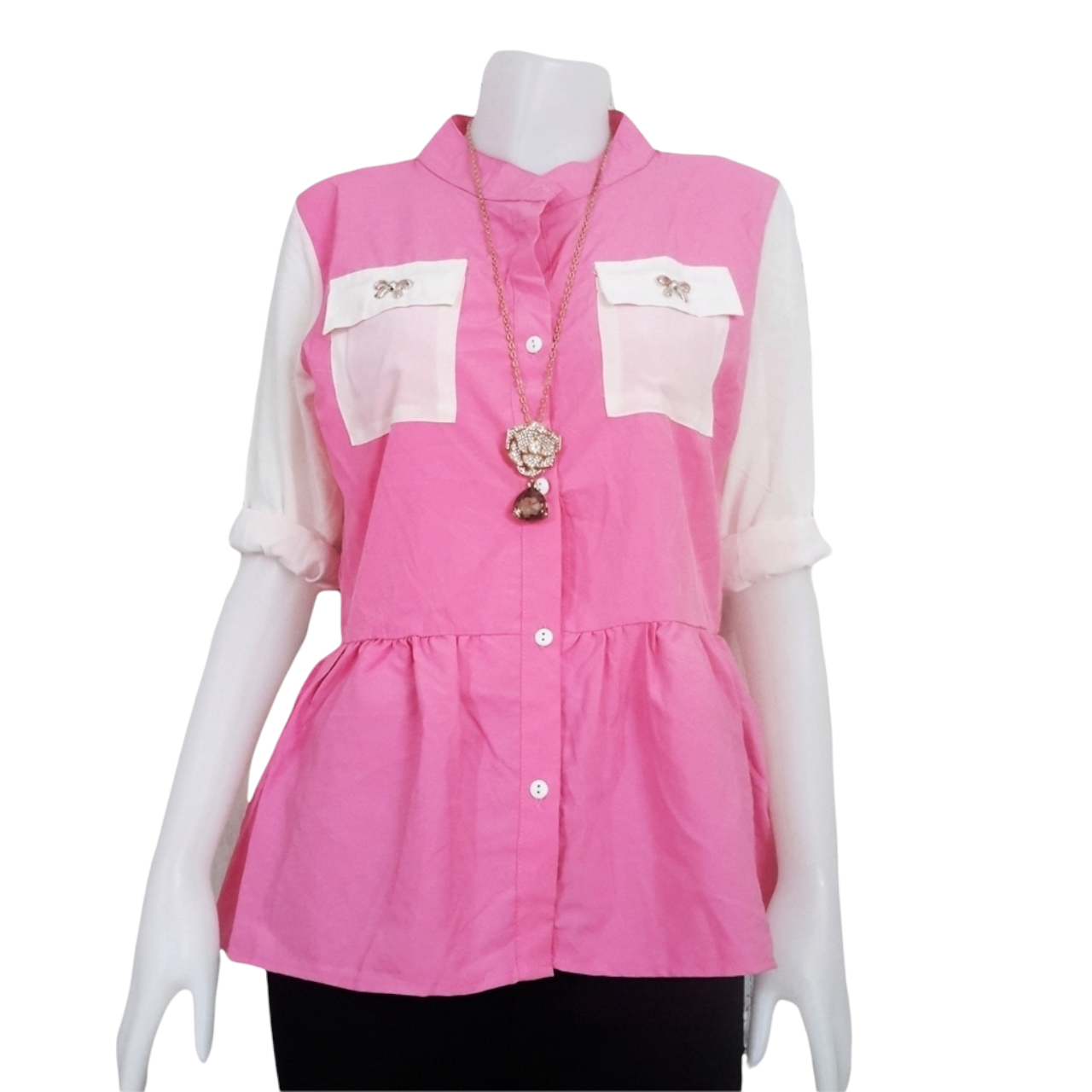 Blouse3220 เสื้อเชิ้ตคอจีนแฟชั่น กระดุมหน้า ชายระบาย แขนยาวชีฟอง สีชมพูพาสเทล