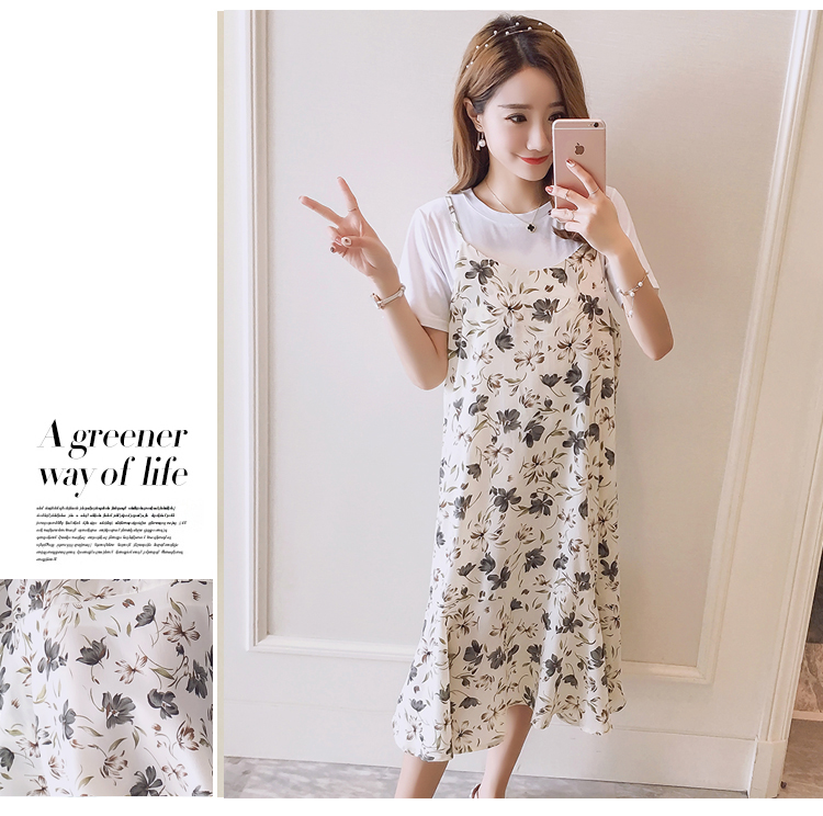 Dress4749 เซ็ท(เสื้อ+เดรส) เสื้อยืดสีขาว+เดรสสายเดี่ยวชายระบายลายดอกไม้สีครีม ผ้าชีฟองเกรดพรีเมียมเนื้อหนาสวยมีน้ำหนัก งานดีทรงดี ลายสวยน่ารัก ใส่เที่ยวทะเลหรือใส่ในวันสบายๆ ก็ดูดีจ้า