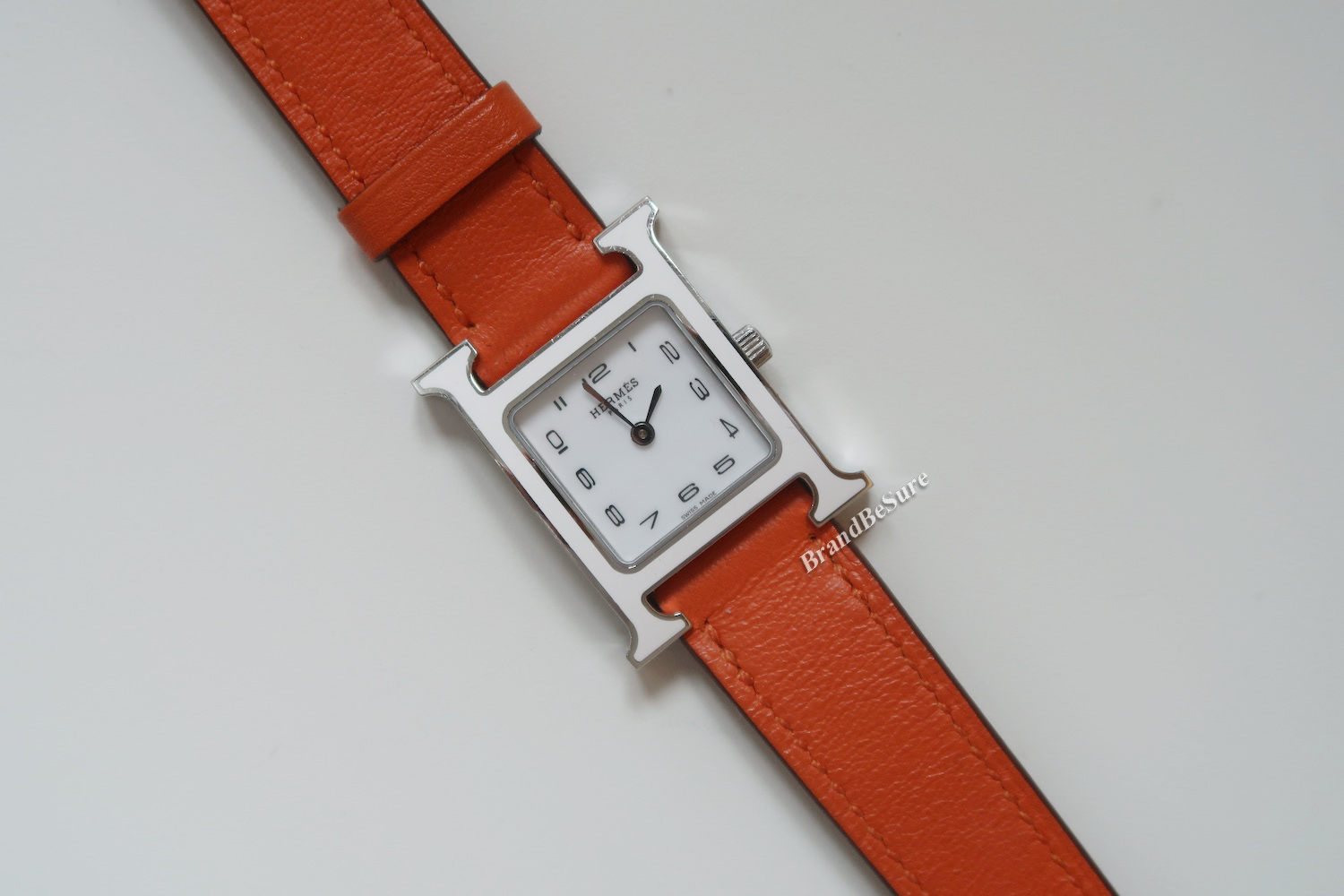 Hermes White Enamel Orange Swift H Hour PM Watch