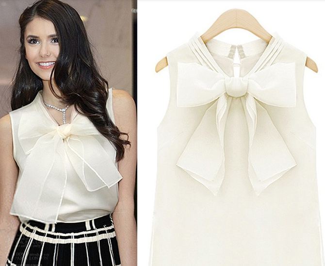 เสื้อผู้หญิง ใส่ทำงาน ผ้าไหมผสมซีฟอง แต่งโบว์ด้านหน้า แขนกุด สีเทา และ ขาว no 79232
