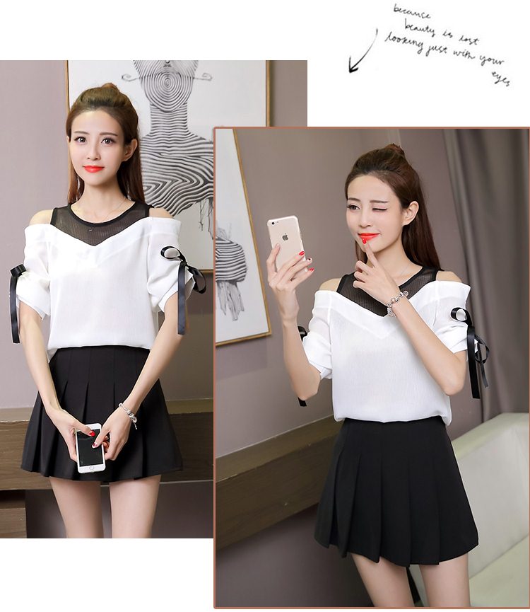 Blouse3794 เสื้อแฟชั่นเว้าไหล่ ช่วงบ่าแต่งผ้าตาข่ายสีดำ แขนผูกโบว์เก๋ๆ ผ้าโพลีเนื้อดีหนาทึบแสงสีพื้นขาว งานน่ารักผ้าเนื้อดีนุ่มใส่สบาย แมทช์กับกระโปรงหรือกางเกงได้หลายสไตล์