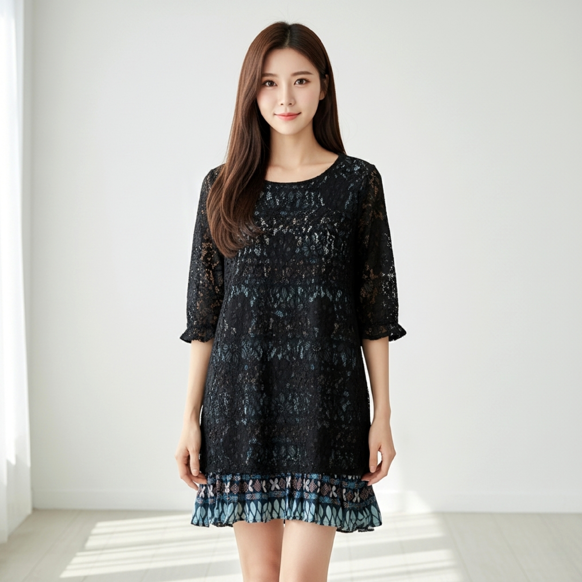 Dress3932 เดรสลูกไม้สีดำเนื้อนุ่มคลุมทับผ้าเนื้อดีลายกราฟฟิค แต่งชายระบาย แขนยาวสี่ส่วนชายระบาย งานสวย ใส่ง่าย น่ารักมาก