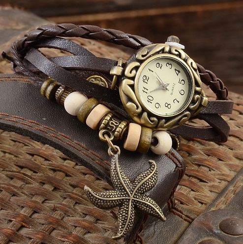 นาฬิกาข้อมือ ผู้หญิง นาฬิกาสายหนังถัก สไตล์สร้อยข้อมือ สีน้ำตาล ห้อย จี้ ปลาดาว วินเทจ สุด ๆ เท่ เก๋ อย่างมีสไตล์ 799462