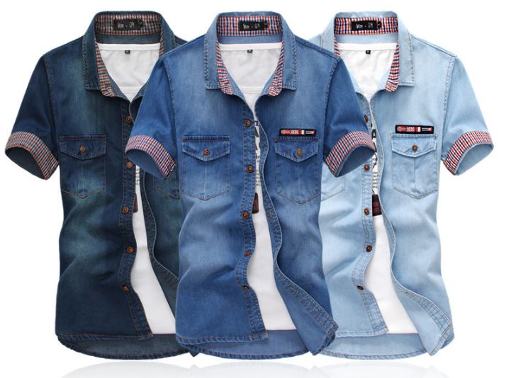 เสื้อเชิ้ตยีนส์ ผู้ชาย เสื้อยีนส์ แขนสั้น ผ้าบางเบา ใส่สบาย เสื้อยีนส์ แบบเชิ้ต สีเข้ม สีอ่อน แขนมีลาย มีกระเป๋าหน้า 945357