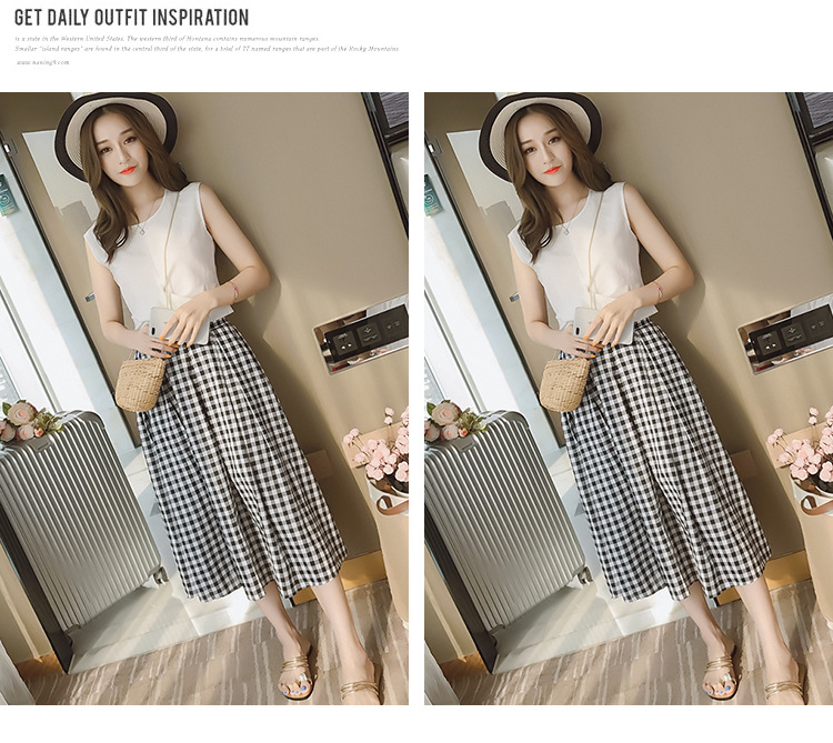 Set_bs1721 ชุด 2 ชิ้น(เสื้อ+กระโปรง) เสื้อครอปแขนกุดสีขาวผ้าคอตตอนเนื้อดีนุ่มยืดเยอะ+กระโปรงยาวลายสก็อตสีขาวดำ เอวสม็อคยางยืดหลัง มีผ้าผูกเอว ผ้าคอตตอนเนื้อดีใส่สบาย งานสวยใส่ง่ายน่ารักมาก