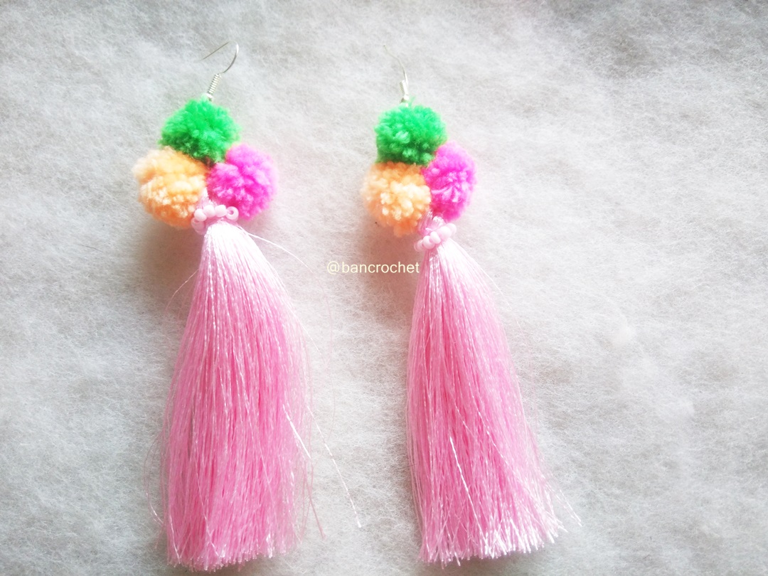 Bancrochet ต่างหูถักโครเชต์ crochet earrings สีชมพู 5 นิ้ว