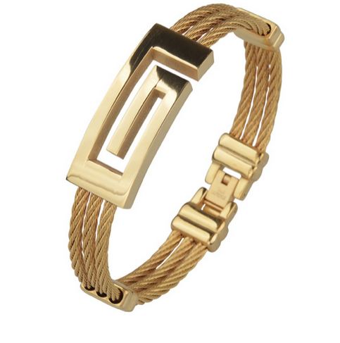 สร้อยข้อมือผู้ชาย กำไลข้อมือชาย กำไลทอง ไทเทเนี่ยม ชุบทอง 18 K สุดหรู รูปตัว G ไม่ลอก ไม่ดำ ดีไซน์ ขดลวด 3 เส้น 257212