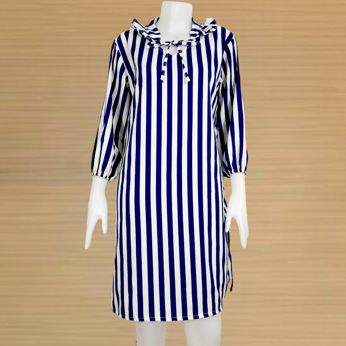 Dress3526-ลายริ้วขาวน้ำเงิน ชุดเดรสแขนยาว รอบอก 40 นิ้ว คอระบายผูกโบว์ ผ้าไหมอิตาลีเกรดเอเนื้อดีนุ่มใส่สบาย