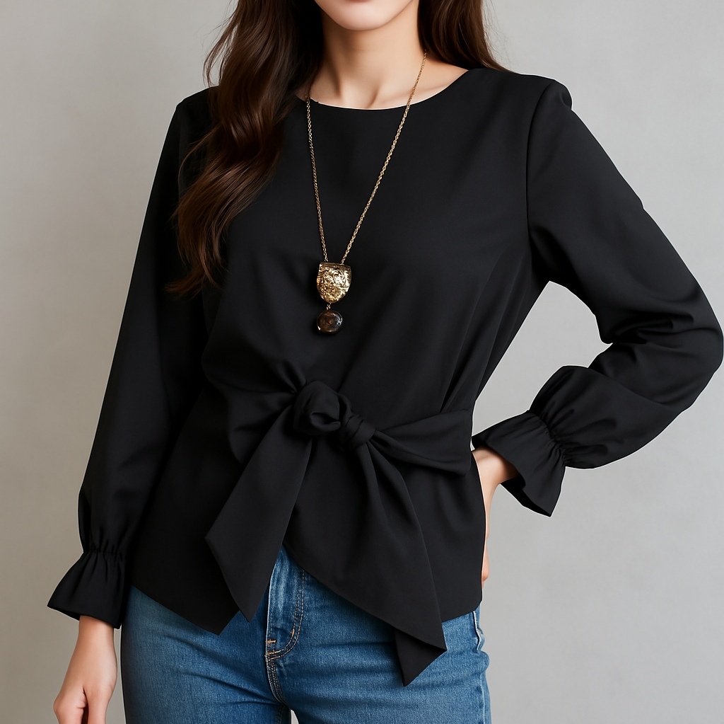 Blouse4050 เสื้อแฟชั่นแขนยาวสีดำ แต่งโบว์ผูกเอวดูมีดีเทล ผ้าสูทเนื้อดีหนาเรียบสวยใส่สบายไม่ยับง่ายไม่ต้องรีด