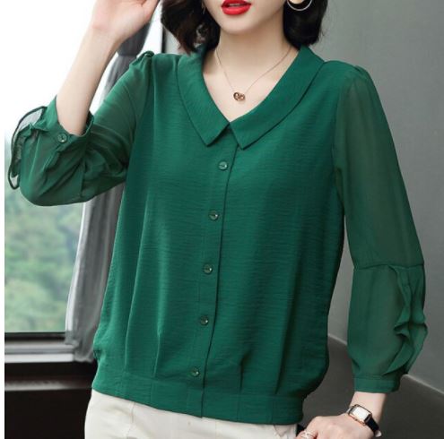 เสื้อเชิ้ตผู้หญิง เสื้อเชิ้ตแขนยาว ผ้าซีฟอง แบบผู้ใหญ่ ใส่สวย สีชมพู สีเขียว เสื้อเชิ้ต แบบสุภาพ 890944
