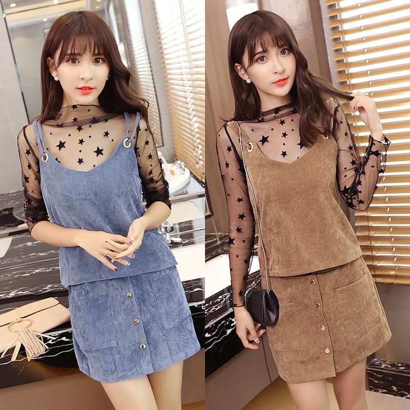 Set_bs1693 เซ็ท(เสื้อ+กระโปรง) เสื้อสายเดี่ยว+แขนยาวซีทรู+กระโปรง ผ้าลูกฟูกเนื้อดี งานดีทรงดี ใส่แล้วน่ารักดูดีสุด