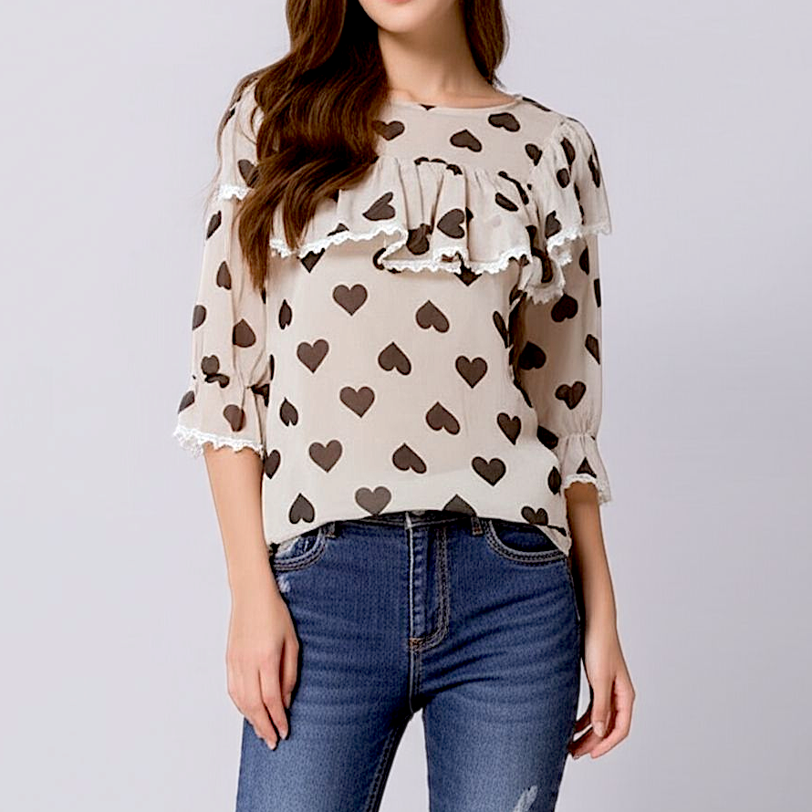 💖 Blouse4019 เสื้อชีฟองลายหัวใจ แต่งระบายที่อก เพิ่มความหวานแบบคิ้วท์ๆ แขนสามส่วนดึงยาง ใส่สบาย ไม่อึดอัด