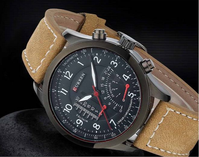 นาฬิกาข้อมือ ผู้ชาย สายหนังแท้ สีน้ำตาล แนว Sport กันน้ำได้ ดีไซน์ ปุ่มด้านข้างใหญ่ ตกแต่งหน้าจอสีดำ สลับตัวเลขสีขาว คลาสสิค สุด ๆ 222191