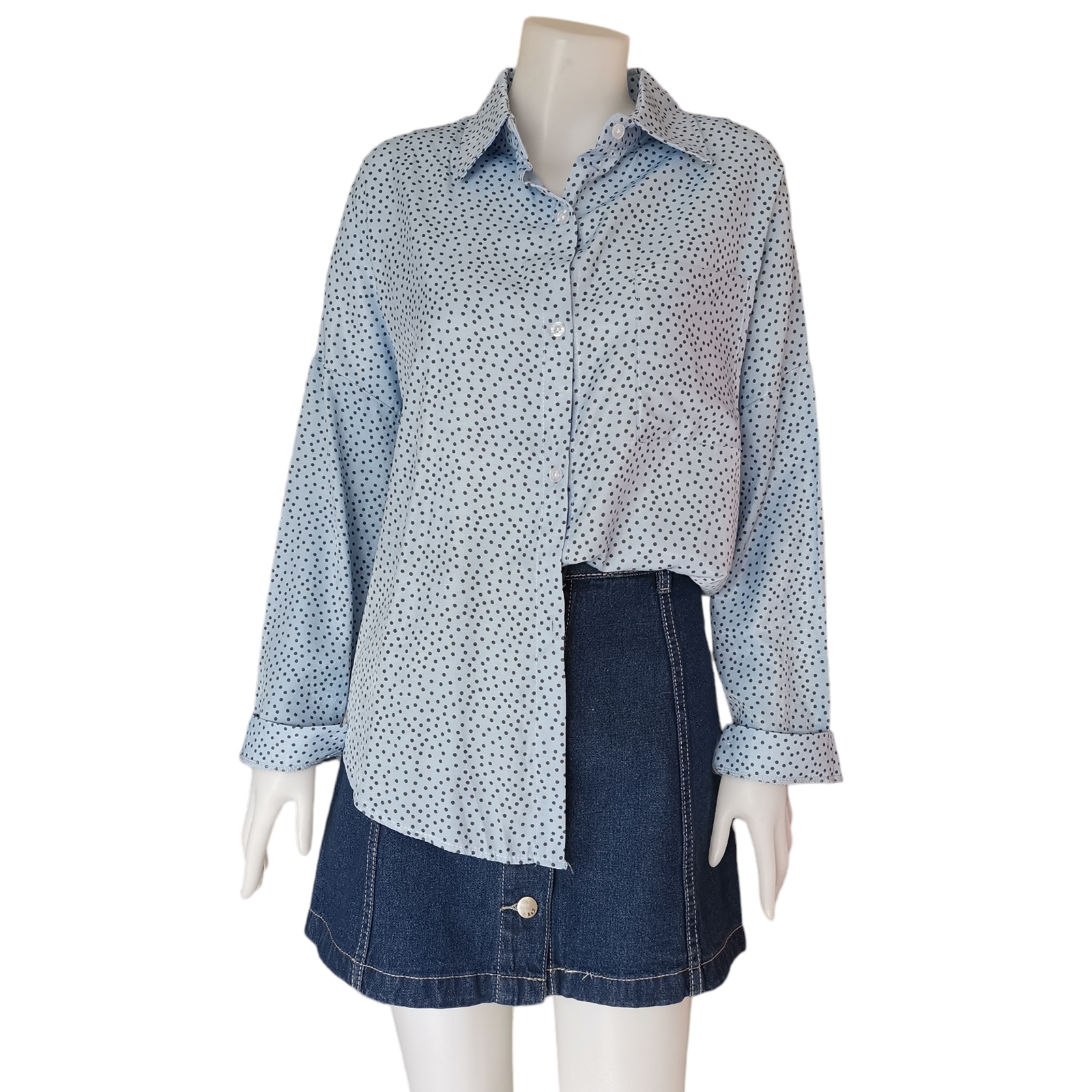 Blouse4084 เสื้อเชิ้ตแขนยาวลายจุด กระดุมผ่าหน้า กระเป๋าอก 1 ข้าง ผ้าคอตตอนโพลีเนื้อดีมีน้ำหนักทิ้งตัวใส่สบาย ใส่เที่ยว/ใส่ทำงานได้ มี 3 สี ส้ม, ฟ้า, ม่วง
