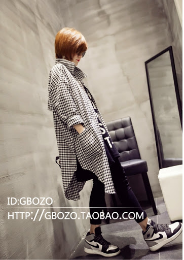 เสื้อคลุมตัวยาว เกาหลี ผ้าฝ้าย พิมพ์ลายตาราง มีกระดุมหน้า + กระเป๋าข้าง พร้อมส่งจ้า ดำ