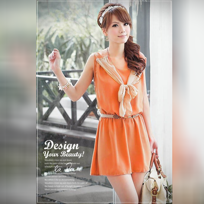 ชุดเดรสสั้นเกาหลีบ่าผูกโบ