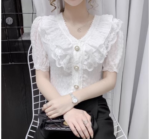 เสื้อลูกไม้ แขนสั้น แบบมีระบายที่อก เสื้อผ้าลูกไม้ ใส่ไปงานบวช งานแต่ง แบบไทย ๆ แบบน่ารัก ๆ 396638