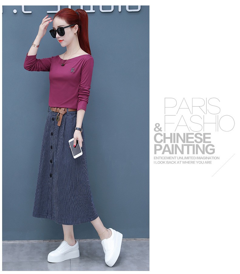 Set_bs1775 ชุดเซ็ท 2 ชิ้น(เสื้อ+กระโปรง) เสื้อแขนยาวคอปาดสีม่วงเปลือกมังคุด + กระโปรงยาวลายริ้วสีกรมแต่งกระดุมหน้าผ้าคอตตอนยีนส์เนื้อดี งานเซ็ทเข้าชุดสุดน่ารัก ดีเทลเก๋ๆ ดีงาม แมทช์ได้ลงตัวเข้ากันดูดีที่สุด