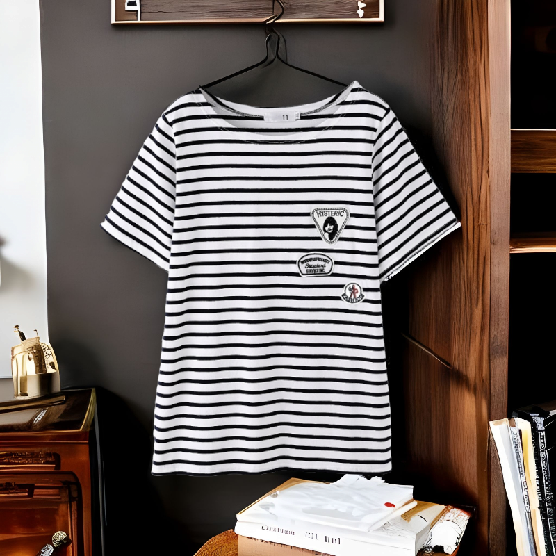 Blouse3820 เสื้อยืดคอปาดลายริ้วสีขาวกรม อกปักอาร์มเท่ๆ ผ้าคอตตอนเนื้อดีนุ่มยืดหยุ่นสูงใส่สบาย งานน่ารักแมทช์กับอะไรก็เข้า