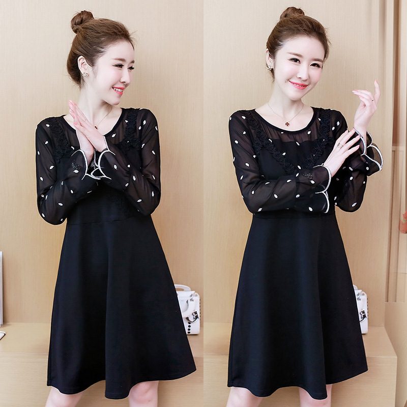 Dress4475 เดรสแขนยาวสีดำ ดีเทลช่วงอกและแขนเป็นผ้าชีฟองปักลายใบไม้เล็กๆ ผ้าไมโครเนื้อดีมีน้ำหนักยืดหยุ่นได้ งานดีทรงสวย
