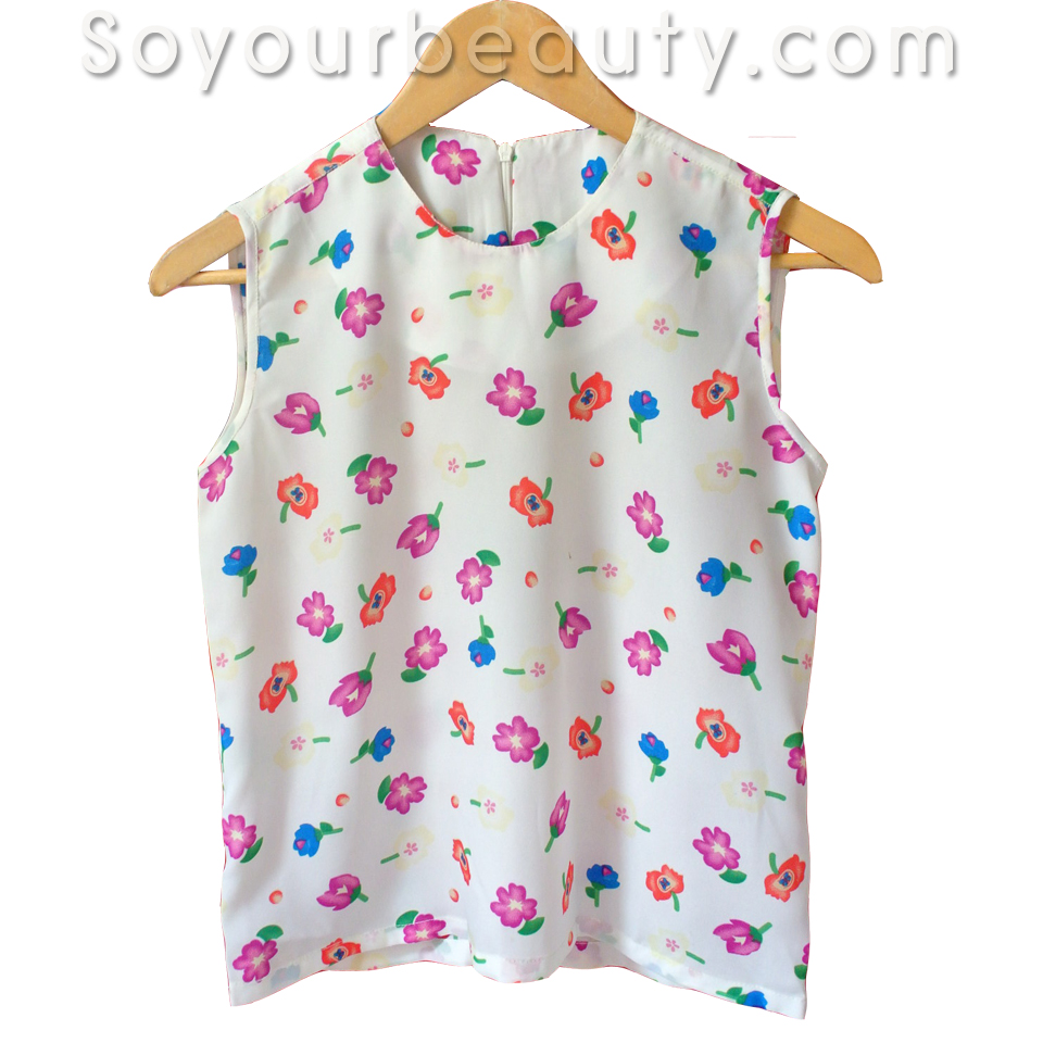 เสื้อผ้าแฟชั่น เสื้อแขนกุด คอกลม ผ้าชีฟองพิมพ์ลาย