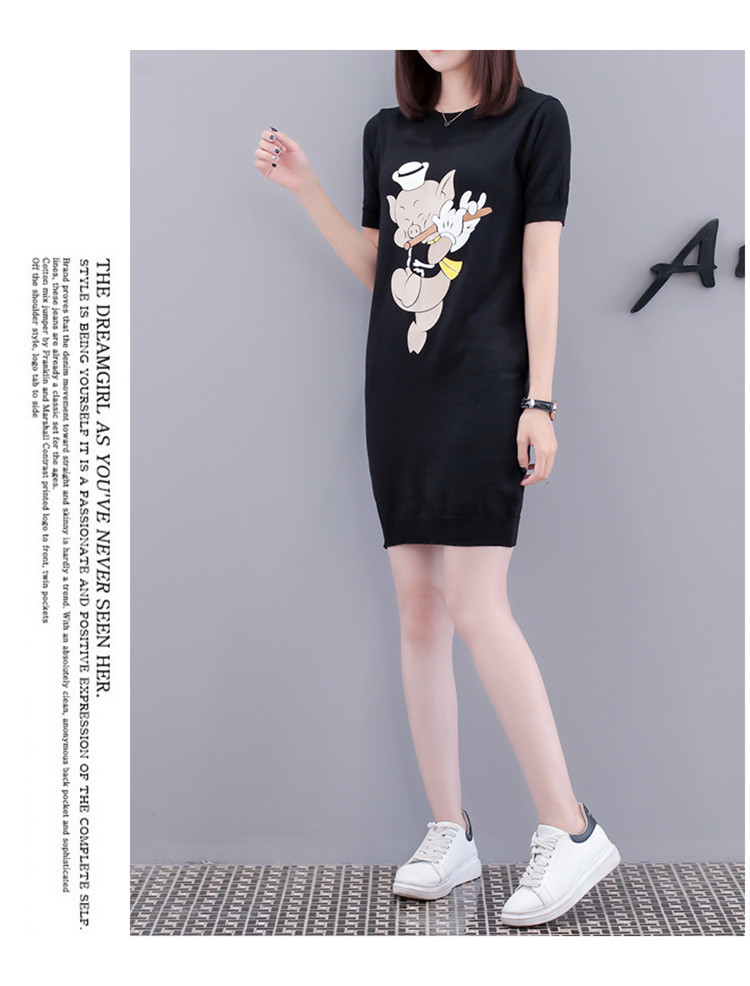 Dress4576 เดรสไหมพรมแขนสั้นสีพื้นดำแต่งลาย Pig ผ้าไหมพรมถักเนื้อนุ่มยืดหยุ่นสูงเนื้อหนาปานกลางใส่ได้ทุกฤดูกาล งานสวยใส่ง่ายน่ารักมาก