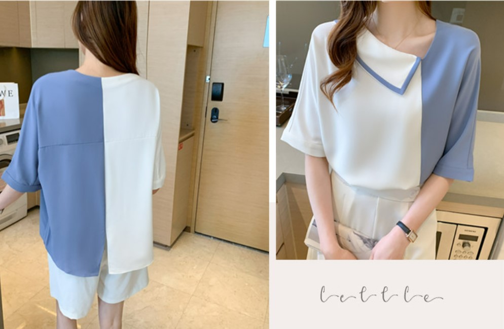 เสื้อแฟชั่น ผู้หญิง เสื้อ คอปาด ผ้าซีฟอง สีทูโทน แบบสวย ดีไซน์ คอปาด สวยเก๋ สีฟ้า และ สีเขียว 540227