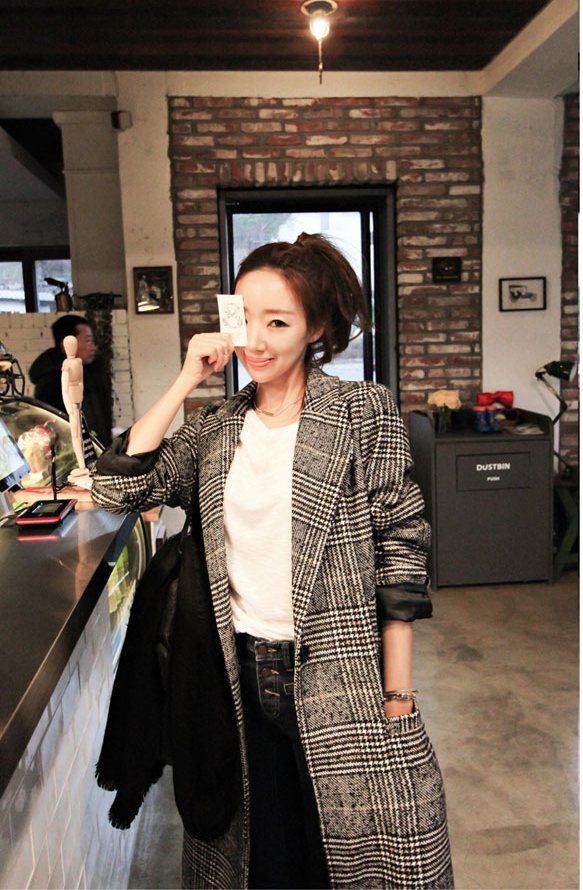 Korea Minimal Coat เสื้อคลุมกันหนาว ตัวยาว37" สไตล์เกาหลี ผ้าทอลายสก๊อต บุซับในกันลม
