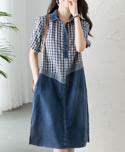 เดรส ใส่เที่ยว เดรส ยีนส์ กระโปรงยาว ส่วนบน ลายสก๊อต แบบน่ารัก ๆ เดรส ใส่เที่ยว แฟชั่น สุดชิค 598718