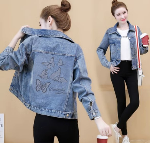 เสื้อยีนส์ แจ็คเก็ตยีนส์ ผู้หญิง แขนยาว ใส่เที่ยว ใส่กันแดด เสื้อ jacket ยีนส์ ด้านหลัง พิมพ์ ลายผีเสื้อ ยอดฮิต 504949