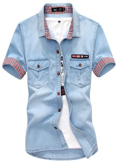เสื้อเชิ้ตยีนส์ ผู้ชาย เสื้อยีนส์ แขนสั้น ผ้าบางเบา ใส่สบาย เสื้อยีนส์ แบบเชิ้ต สีเข้ม สีอ่อน แขนมีลาย มีกระเป๋าหน้า 945357