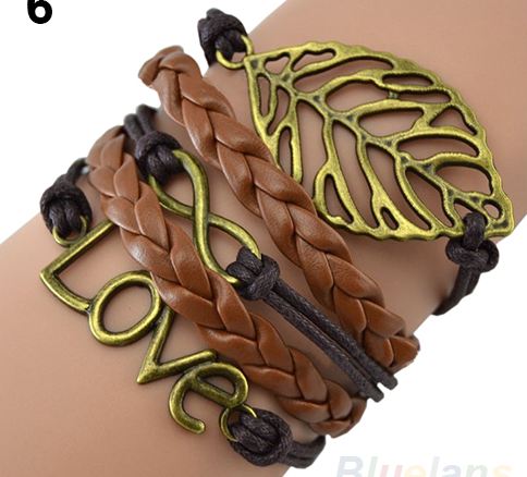 สร้อยข้อมือหนังแท้ แฟชั่นหนังถัก สีน้ำตาล ลายใบไม้ อักษร LOVE ba007