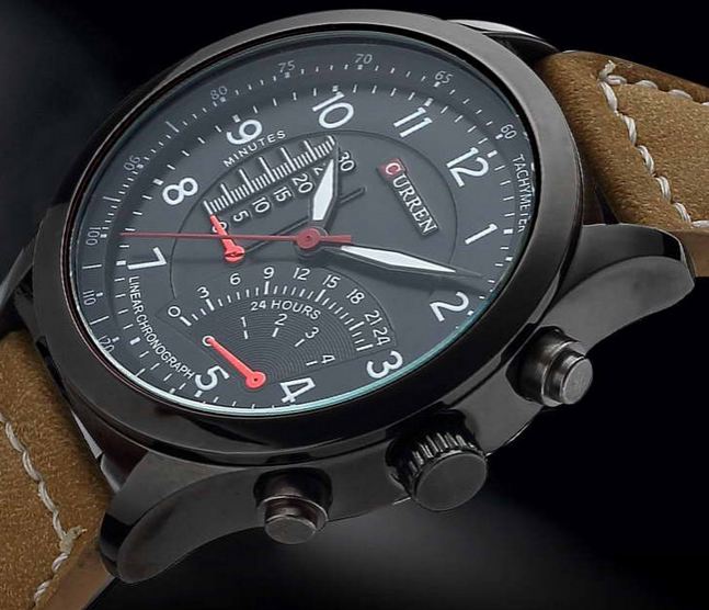 นาฬิกาข้อมือ ผู้ชาย สายหนังแท้ สีน้ำตาล แนว Sport กันน้ำได้ ดีไซน์ ปุ่มด้านข้างใหญ่ ตกแต่งหน้าจอสีดำ สลับตัวเลขสีขาว คลาสสิค สุด ๆ 222191