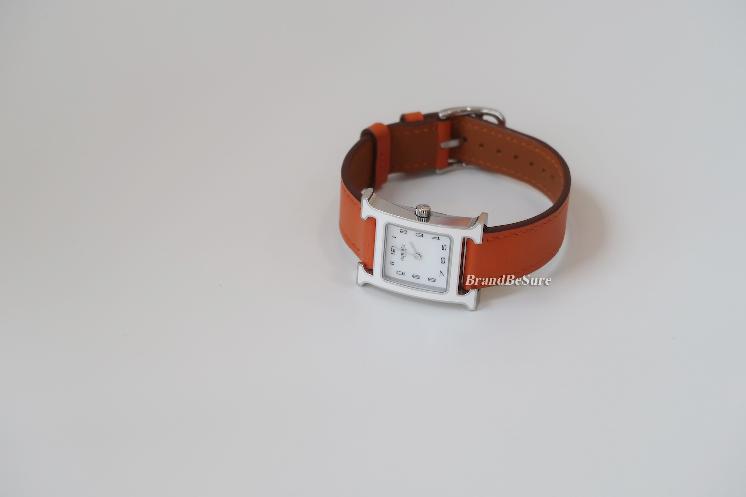 Hermes White Enamel Orange Swift H Hour PM Watch
