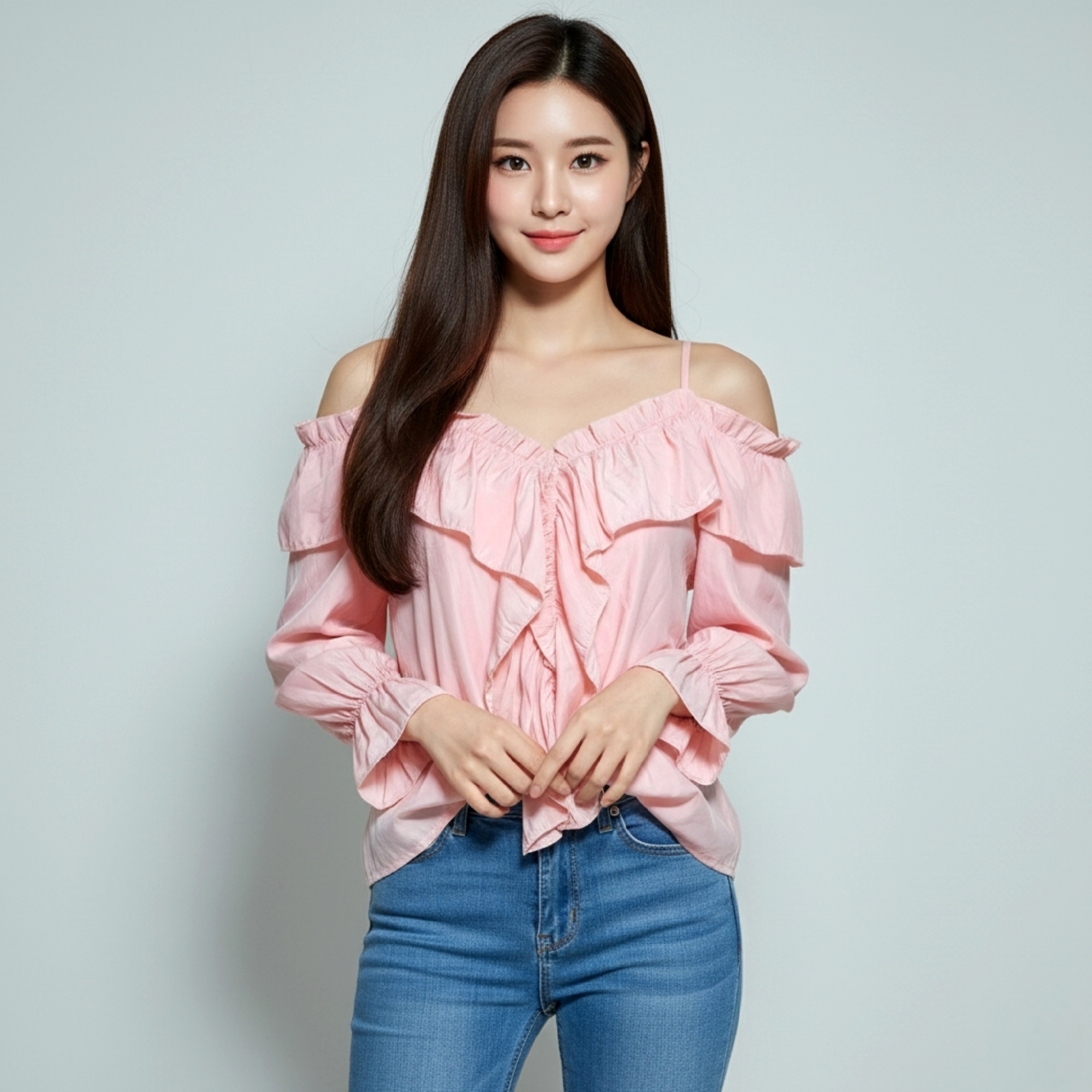 🌸 Blouse3975 เสื้อเปิดไหล่แขนยาวผ้าสปันนุ่มพรีเมียม ดีไซน์แต่งระบายฟรุ้งฟริ้ง เติมเสน่ห์หวานละมุน ดูน่ารักและดูดีได้ทุกโอกาส